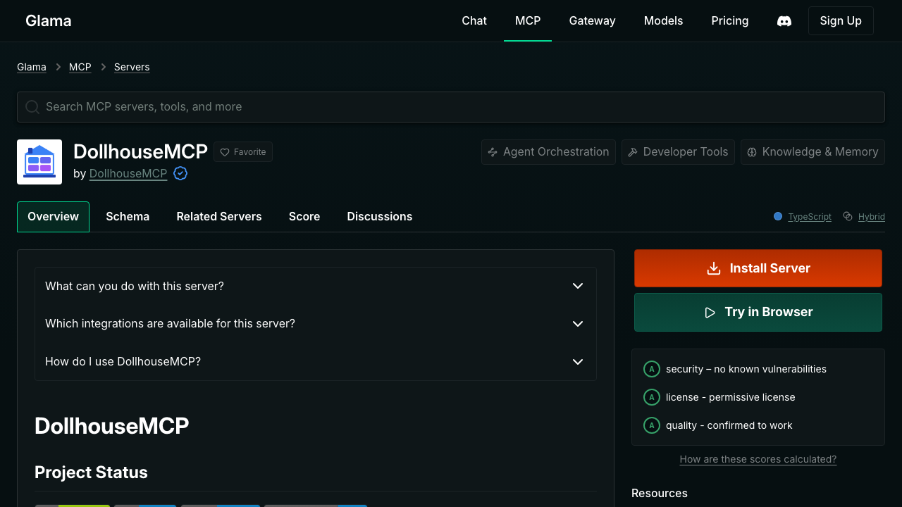 Screenshot of Glama coverage: DollhouseMCP listed on Glama MCP directory