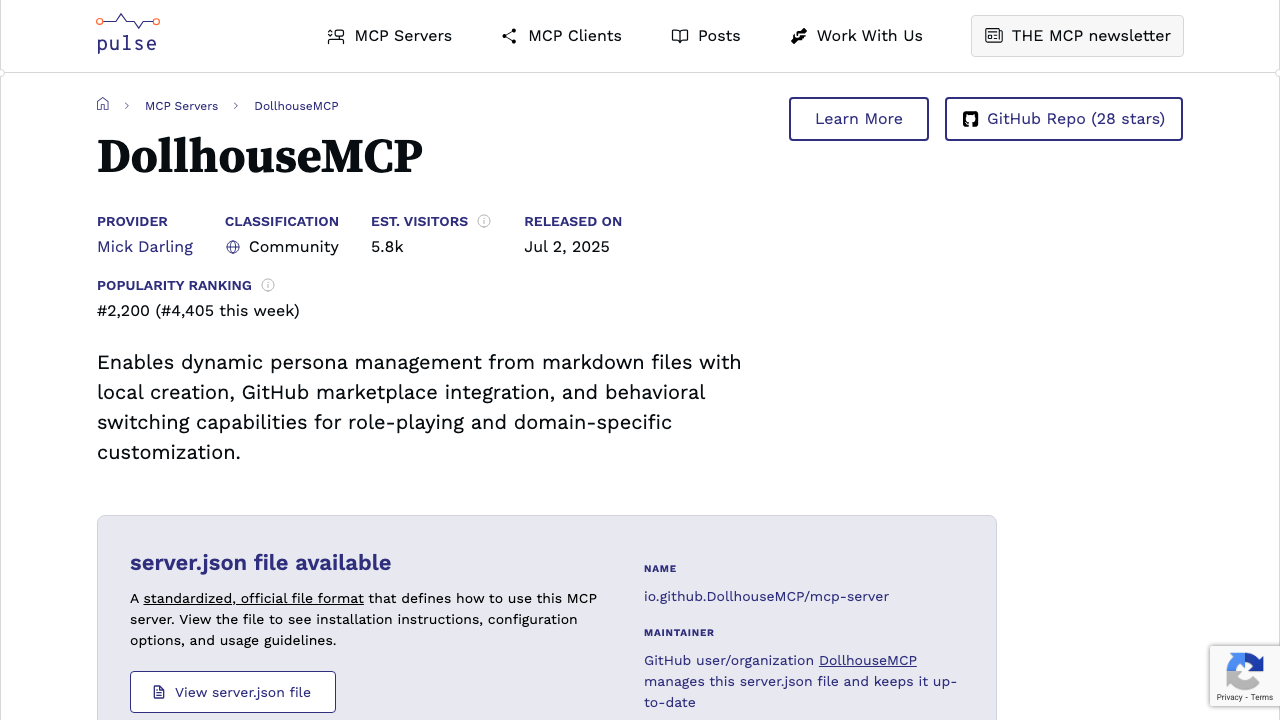 Screenshot of PulseMCP coverage: DollhouseMCP directory listing snapshot