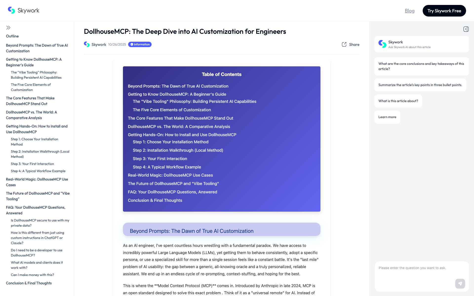 Screenshot of Skywork.ai coverage: DollhouseMCP: The Deep Dive into AI Customization for Engineers