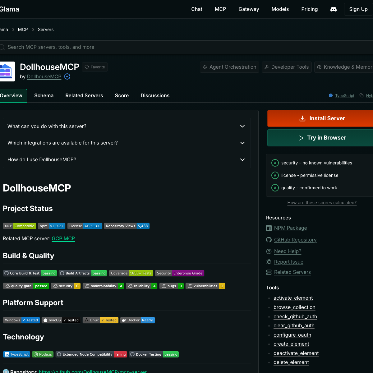 Glama DollhouseMCP listing screenshot page 1